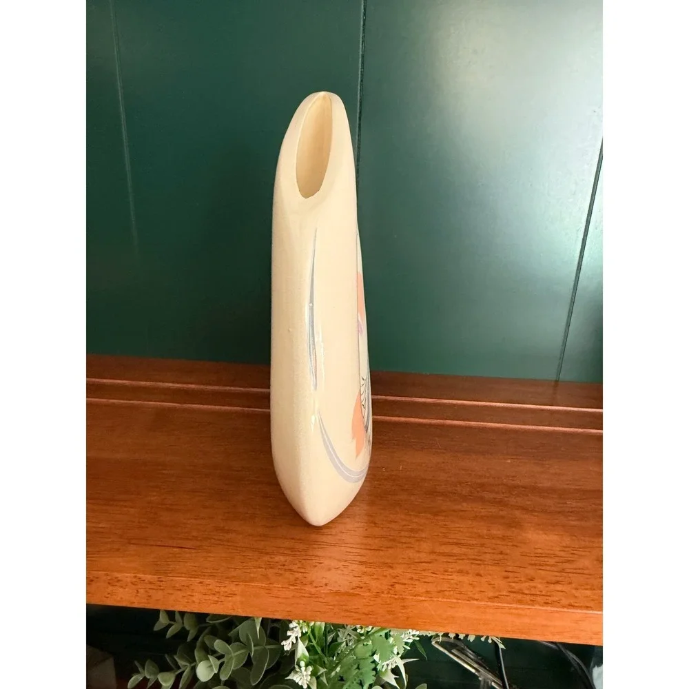 Vintage 80s Postmodern‎ Ceramic Crescent Moon Vase Floral Deco Revival Cream